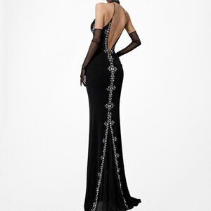 Vintage Y2K 90s Black Beaded Knit Fit Flared Maxi Formal Prom Dress Size M/L